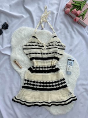 Soleia Vestido de punto con escote en V, aberturas, cuello halter, anucho, bloques de color, rayas, volantes en el bajo, adecuado para vacaciones, citas, té de la tarde, vacaciones, festivales de músi