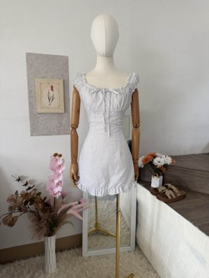 Flirla Vestido ajustado de Body con volantes en el bajo, de estilo casual de verano, de color azul marino a rayas, para mujer