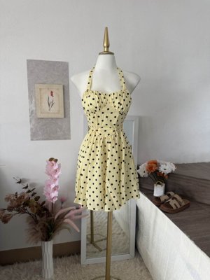 Skyraze Vestido de mujer sin mangas con estampado de lunares en color amarillo pálido