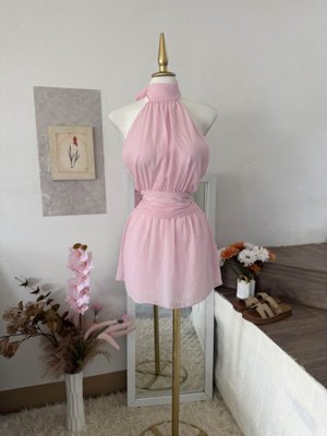 Vestido camisola corto sin mangas y sin espalda elegante para mujer, vestido mini de tela tejida sin elasticidad, adecuado para fiestas de verano y atuendos sexys rosa, noche de cita