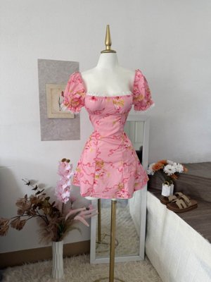 Glamine Vestido sexy de princesa con estampado floral y mangas abullonadas para citas románticas de mujer