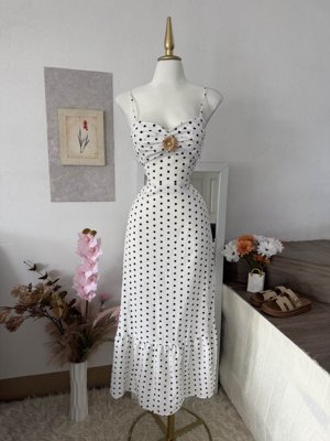 Firerie Vestido casual de verano con tirantes de lunares, escote con decoración de girasol, estilo elegante y vintage con volantes franceses, tela ligera y drapeado en la espalda