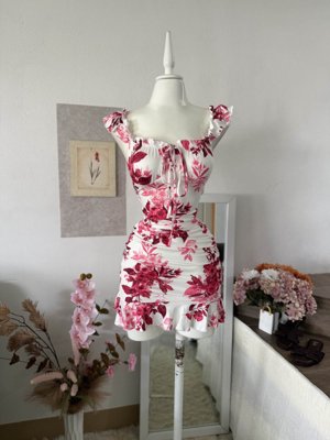 Selianne Vestido camisero con volantes en el hombro y bajo con estampado floral vintage, vestido mini entallado de línea A para el verano, vestido camisero floral elegante y sexy con espalda descubier
