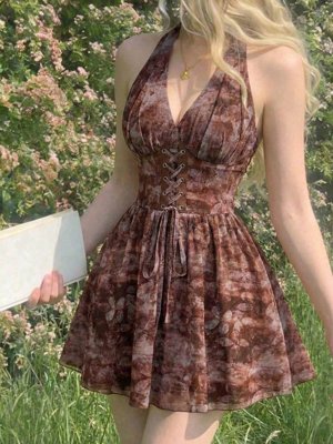 Skyraze Vestido corto de mujer con estampado, con atar en el cuello y espalda descubierta