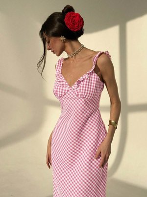 Aloruh Vestido sin mangas elegante de mujer con volantes y estampado de cuadros
