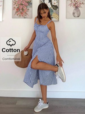 Siren Gaze Vestido casual de media longitud con abertura lateral y lazo delantero a cuadros