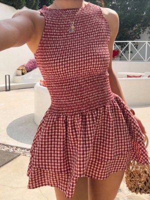 Vestido mini ajustado sin mangas con estampado a cuadros y lazo delantero para mujer, estilo francés dulce, adecuado para vacaciones de verano/ropa de isla, rojo elegante