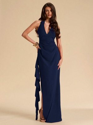 SHEIN BAE Vestido de dama de honor para primavera y verano, vestido largo rojo con cuello en V profundo, halter sexy, volantes y abertura alta, vestido envolvente con volantes elegante de cuello en V maxi para mujeres
