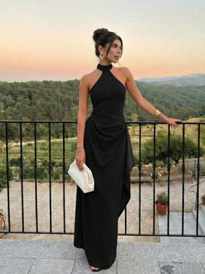 Firerie Vestido de gala elegante y romántico para citas y fiestas para mujer, vestido largo de línea A ajustado con cuello halter, sin mangas, cintura ceñida y bajo asimétrico en color burdeos, para invitada de boda, cita, elegante, fiesta de cumpleaños, vestido para mujer