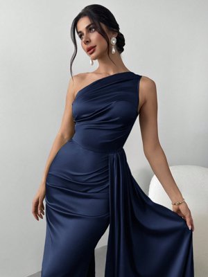 Firerie Vestido plisado con volante de un solo hombro para mujer, adecuado para fiestas, bailes, vestidos de noche, elegante, banquetes, citas, sexy, fiestas de cóctel, ceremonias de graduación