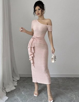 Elenzga Vestido elegante de manga corta con cuello asimétrico, volantes y diseño jacquard