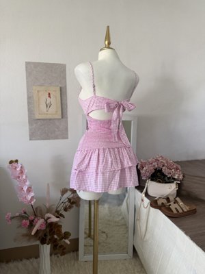 Flirla Vestido mini de verano con tirantes de espagueti, cuello en V, doble volante en el bajo y lazo en la espalda, informal y casual para vacaciones