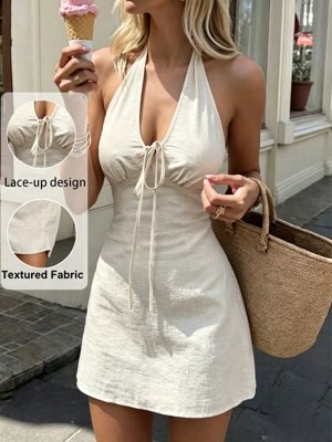 SHEIN PariChic Vestido elegante de cuello halter con textura que realza la cintura, color albaricoque, vestido de vacaciones, vestido de resort para mujer, ropa de playa, ropa casual, vestido de trabajo