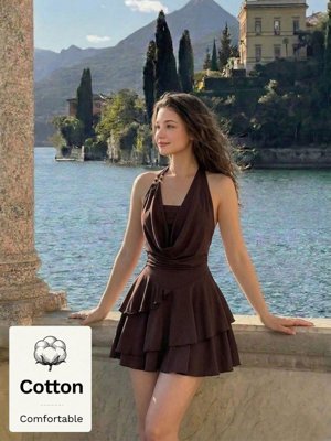 [95% Algodón] Skyraze Vestido mini de algodón marrón oscuro con cuello halter para mujer, vestido de fiesta sin espalda con cuello drapeado y falda acampanada con volantes en capas, atuendo casual de verano para vacaciones y días festivos