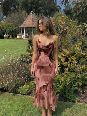 Skyraze Vestido de sirena ajustado con cuello asimétrico, cruzado y anudado, con estampado degradado