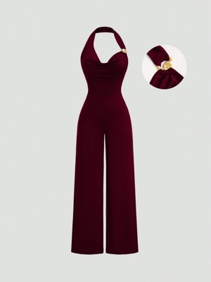 Sweetra Mono casual de ajuste ceñido con decoración metálica, cuello halter y unicolor, estilo de moda sexy europeo y americano para mujer en verano